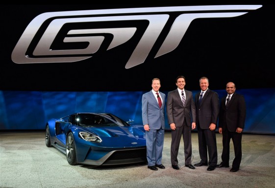 Bill Ford, Mark Fields, Joe Heinrichs and Raj Nair in front of the new Ford GT